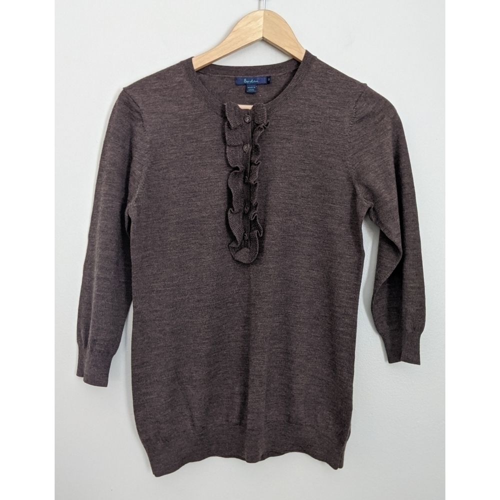 Boden Brown 100% Wool Ruffle 3/4 Sleeves Sweater 8